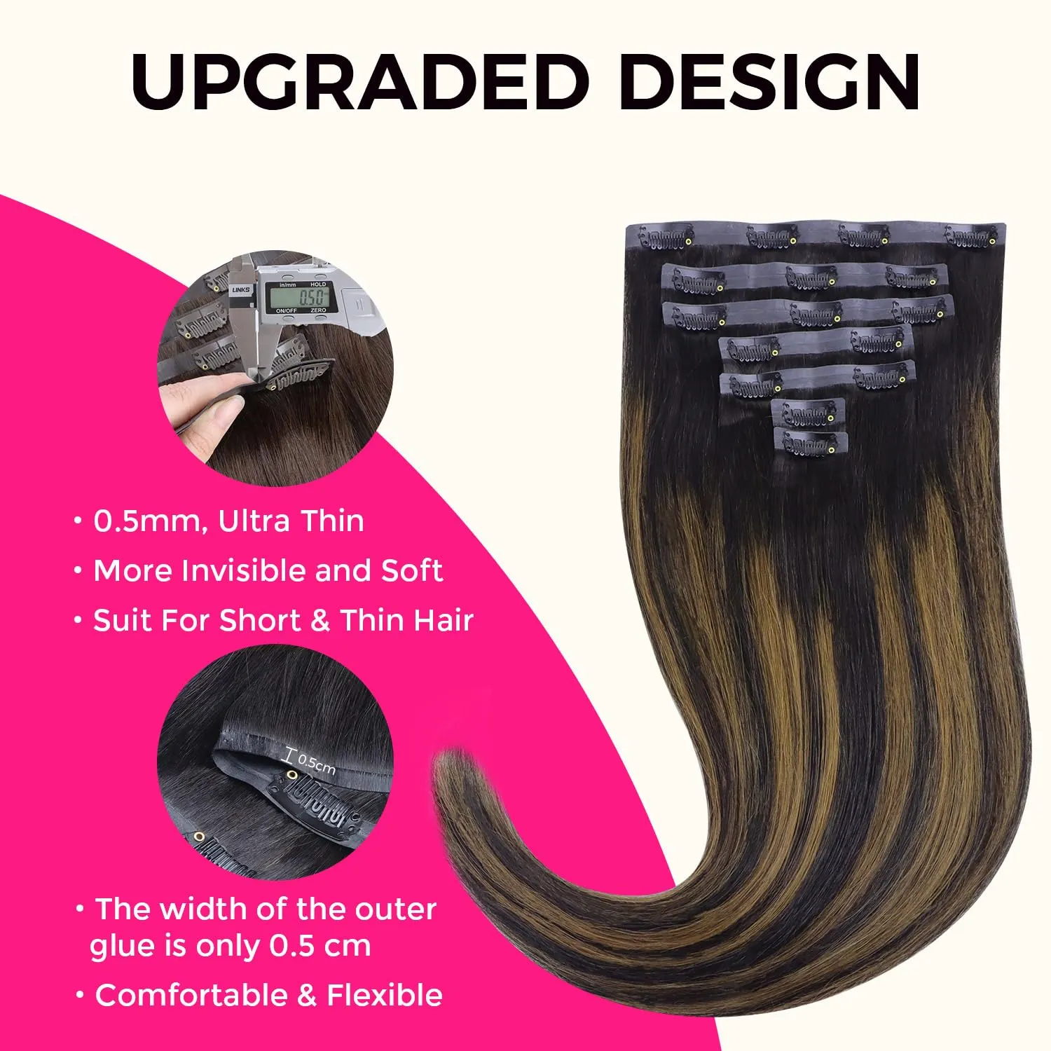 Lashey Seamless Hair Extensions Clip ins Staright 110g Natural Black Mixed Chestnut Brown 14 Inch 7pcs PU Weft Clip in Hair Extensions Real Human Hair with Invisi Edge for Black Women