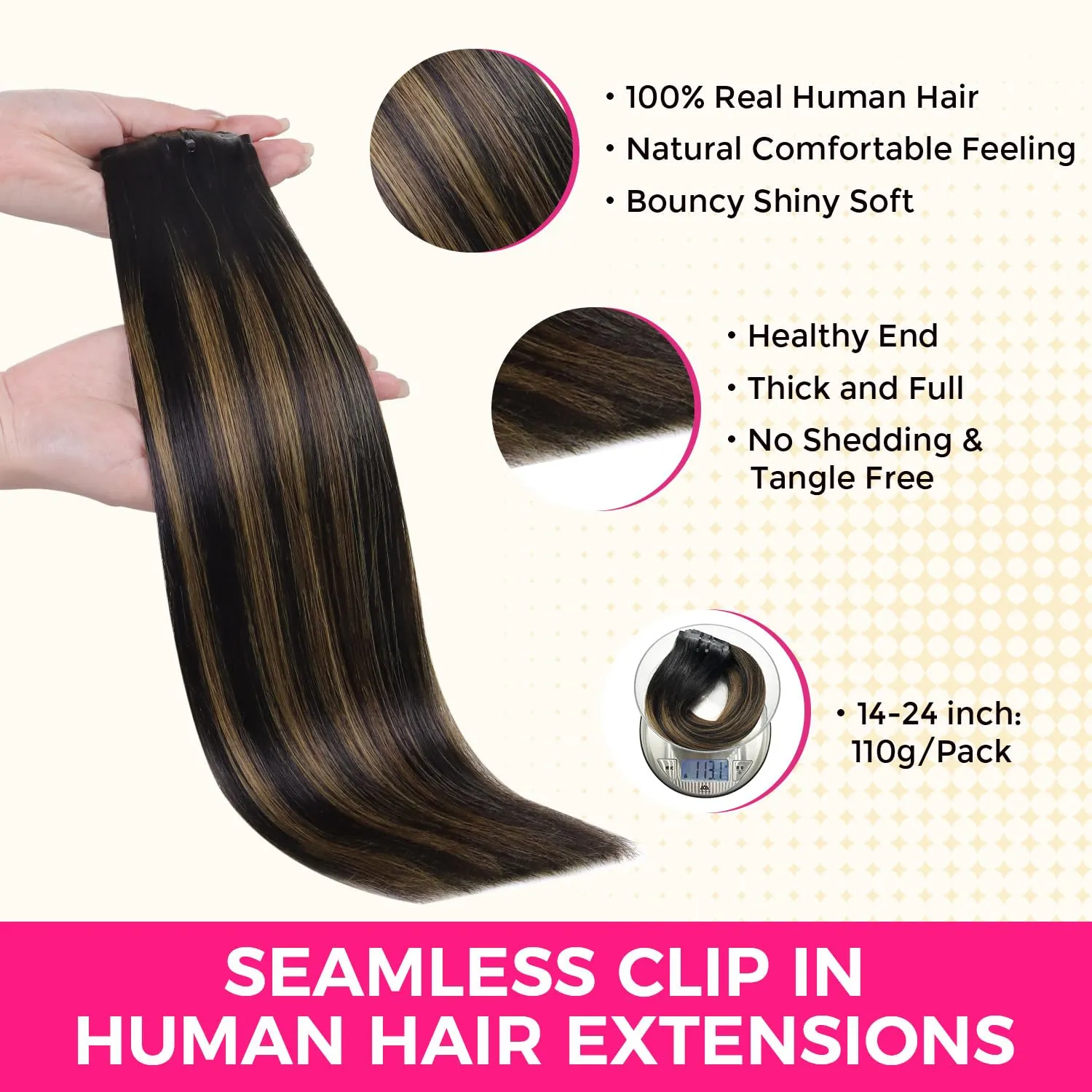 Lashey Seamless Hair Extensions Clip ins Staright 110g Natural Black Mixed Chestnut Brown 14 Inch 7pcs PU Weft Clip in Hair Extensions Real Human Hair with Invisi Edge for Black Women