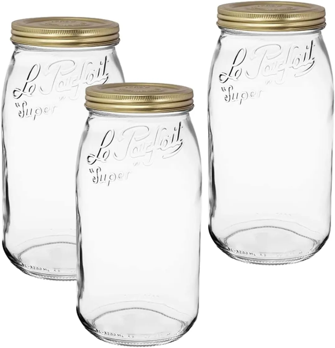 Le Parfait Screw Top Jar Wide Mouth French Glass Jar | Ideal for Food and Soup Storage, Canning, Flour, Brown Sugar, and other Baking Supplies (3L/96oz, Pack of 3, Gold)