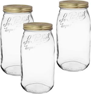 Le Parfait Screw Top Jar Wide Mouth French Glass Jar | Ideal for Food and Soup Storage, Canning, Flour, Brown Sugar, and other Baking Supplies (3L/96oz, Pack of 3, Gold)