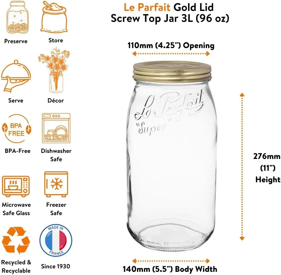 Le Parfait Screw Top Jar Wide Mouth French Glass Jar | Ideal for Food and Soup Storage, Canning, Flour, Brown Sugar, and other Baking Supplies (3L/96oz, Pack of 3, Gold)