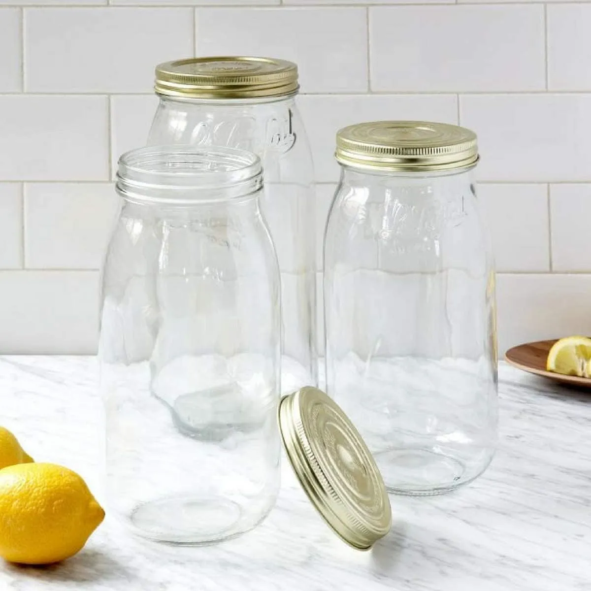 Le Parfait Screw Top Jar Wide Mouth French Glass Jar | Ideal for Food and Soup Storage, Canning, Flour, Brown Sugar, and other Baking Supplies (3L/96oz, Pack of 3, Gold)