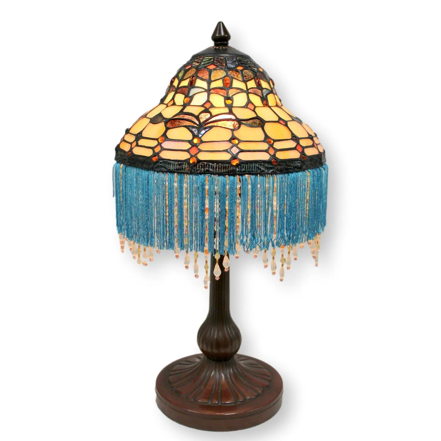 Leaded Glass Table Lamp w/Beaded Fringe
