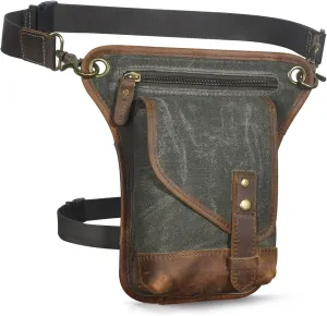 Le'aokuu Men‘s Canvas And Genuine Leather Waterproof Motorcycle Tactic Fanny Belt Waist Pack Drop Leg Thigh Cross Over Bag 211-6(Green)