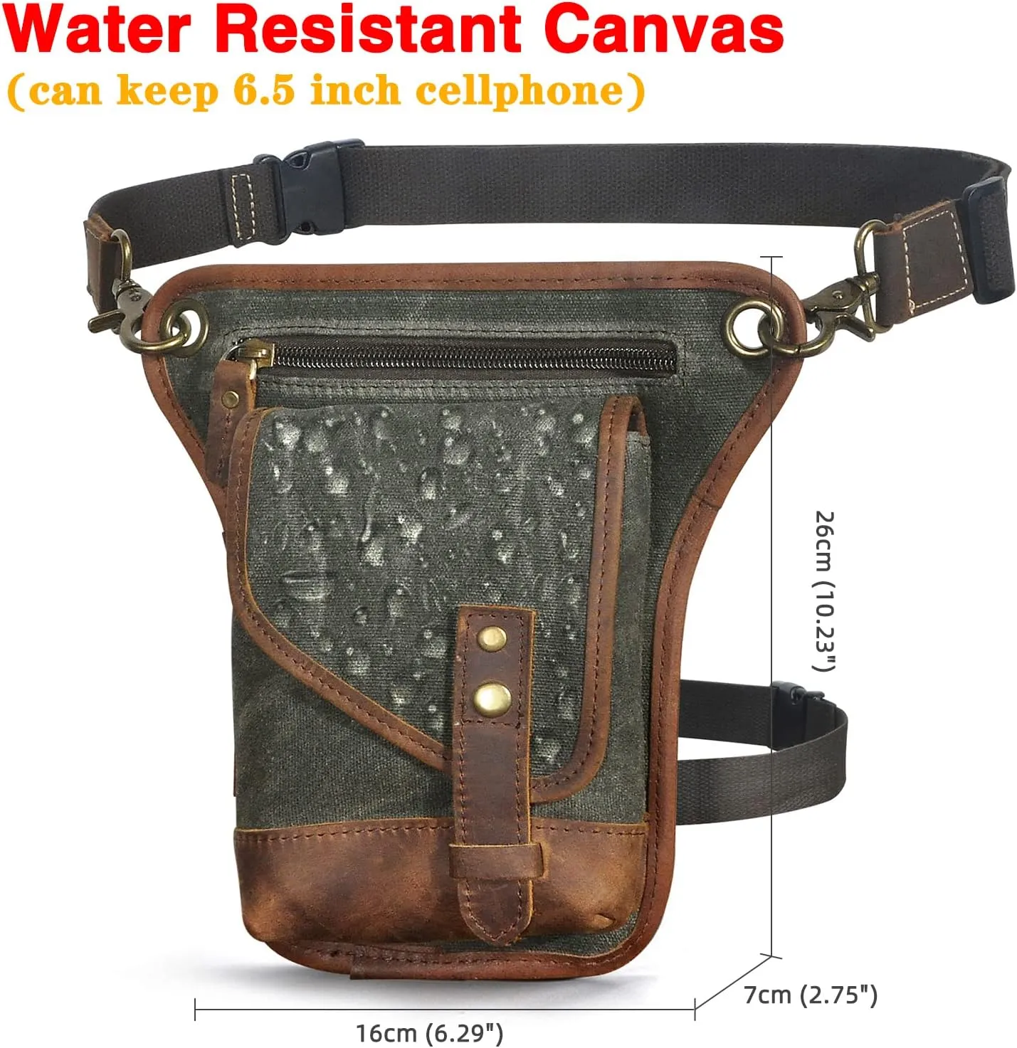 Le'aokuu Men‘s Canvas And Genuine Leather Waterproof Motorcycle Tactic Fanny Belt Waist Pack Drop Leg Thigh Cross Over Bag 211-6(Green)