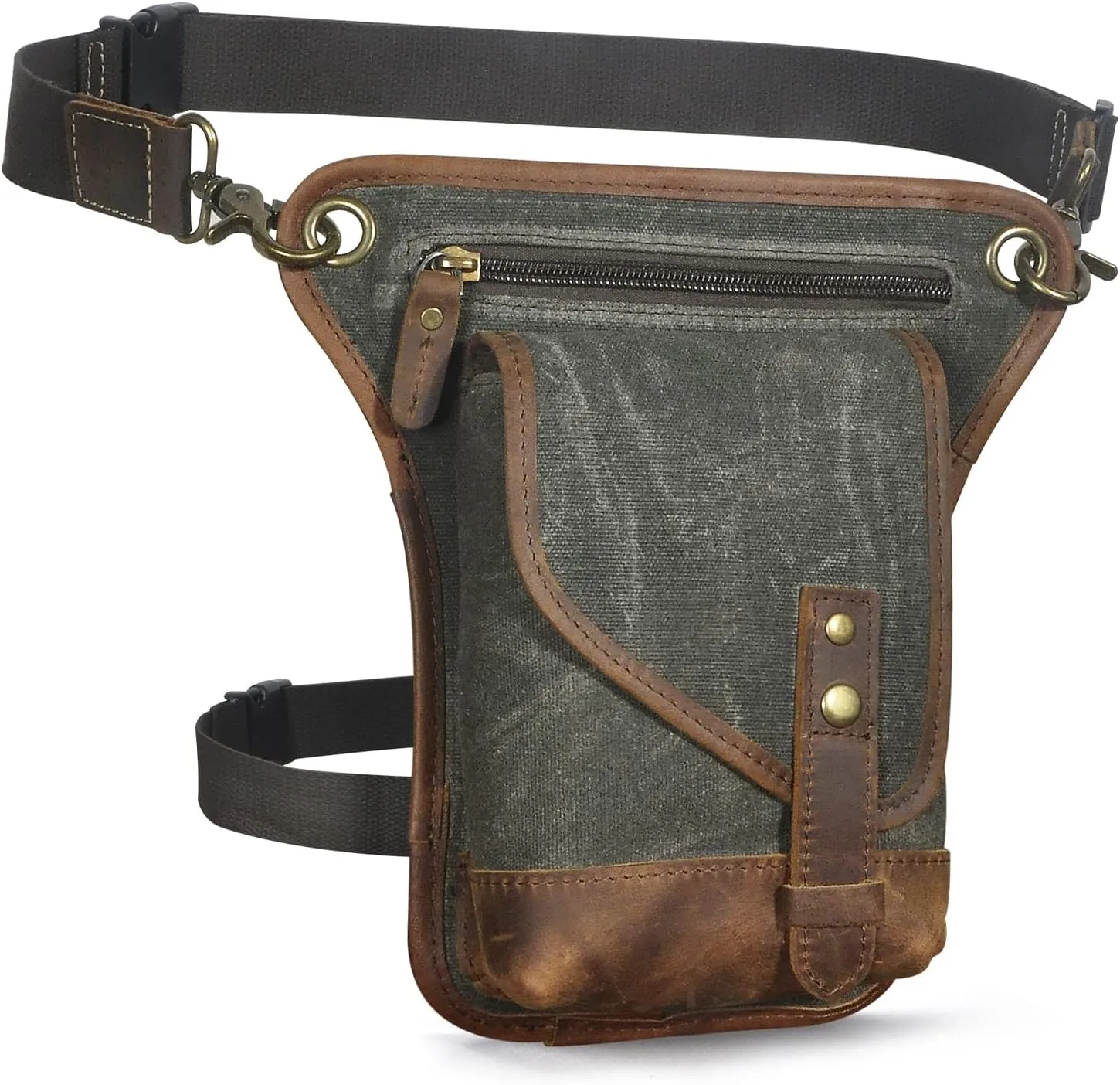 Le'aokuu Men‘s Canvas And Genuine Leather Waterproof Motorcycle Tactic Fanny Belt Waist Pack Drop Leg Thigh Cross Over Bag 211-6(Green)