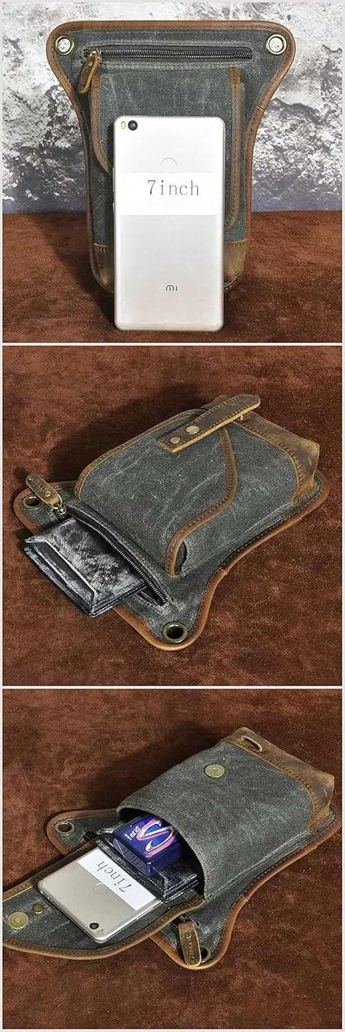 Le'aokuu Men‘s Canvas And Genuine Leather Waterproof Motorcycle Tactic Fanny Belt Waist Pack Drop Leg Thigh Cross Over Bag 211-6(Green)