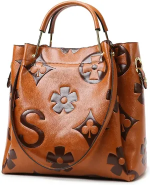 Leather Bucket Bag for Women Vintage Floral Embossed Tote Bag Shoulder Handbag Large Top Handle Satchel Handbag Trendy Purse