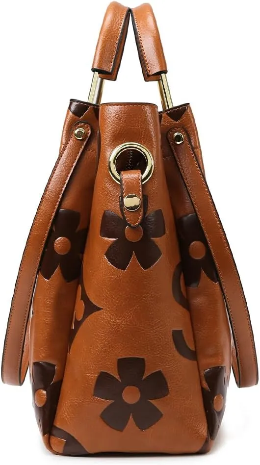Leather Bucket Bag for Women Vintage Floral Embossed Tote Bag Shoulder Handbag Large Top Handle Satchel Handbag Trendy Purse