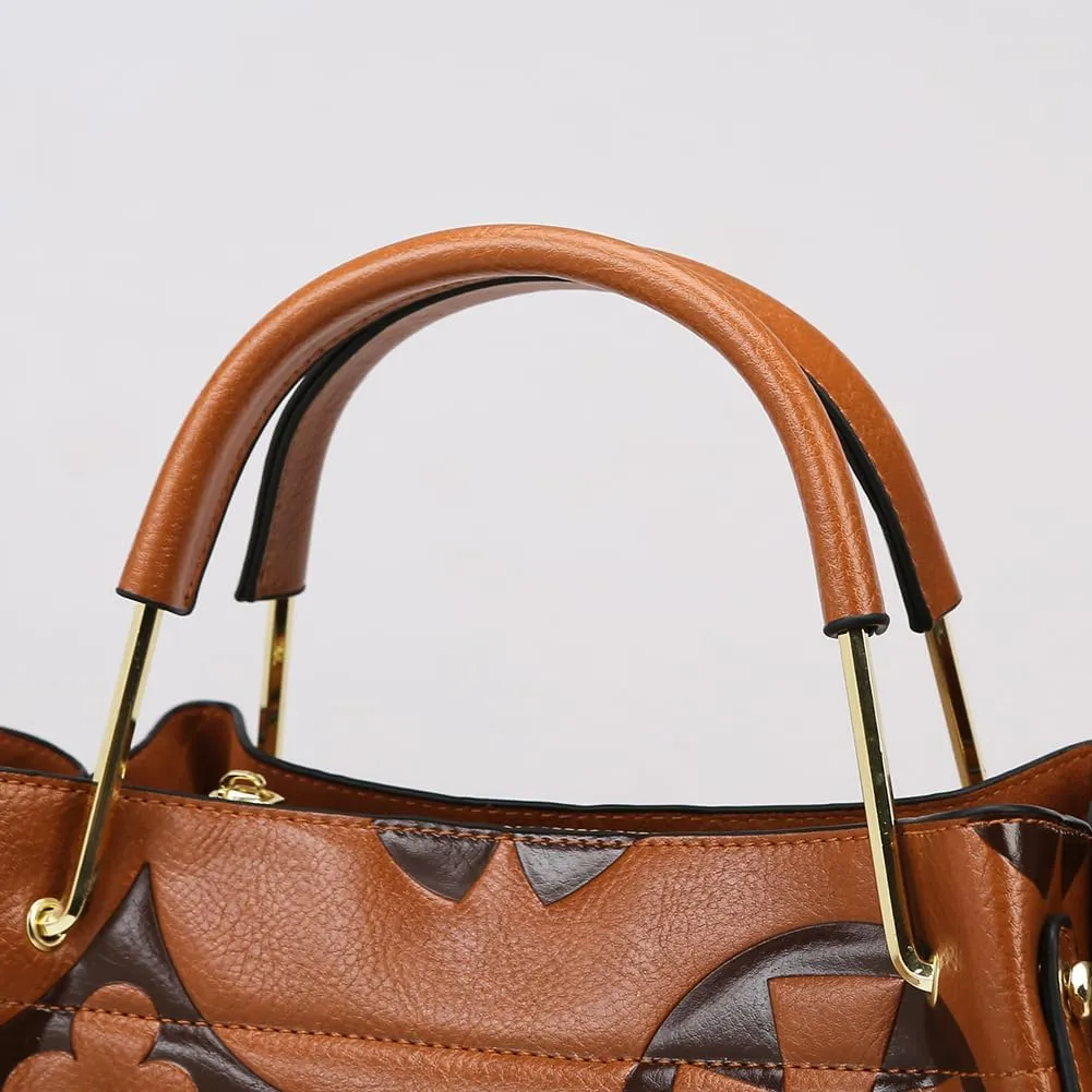 Leather Bucket Bag for Women Vintage Floral Embossed Tote Bag Shoulder Handbag Large Top Handle Satchel Handbag Trendy Purse