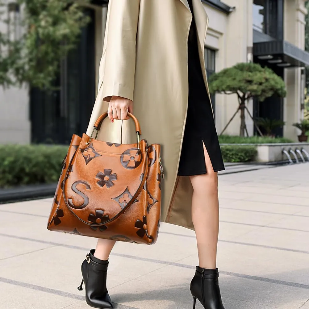 Leather Bucket Bag for Women Vintage Floral Embossed Tote Bag Shoulder Handbag Large Top Handle Satchel Handbag Trendy Purse