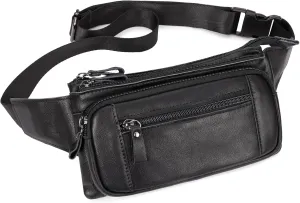 Leather Fanny Pack for Men Women, Belt Bag Fashion Waist Packs Small Crossbody Bag with Adjustable Strap for Travel Sport Walk (Black)