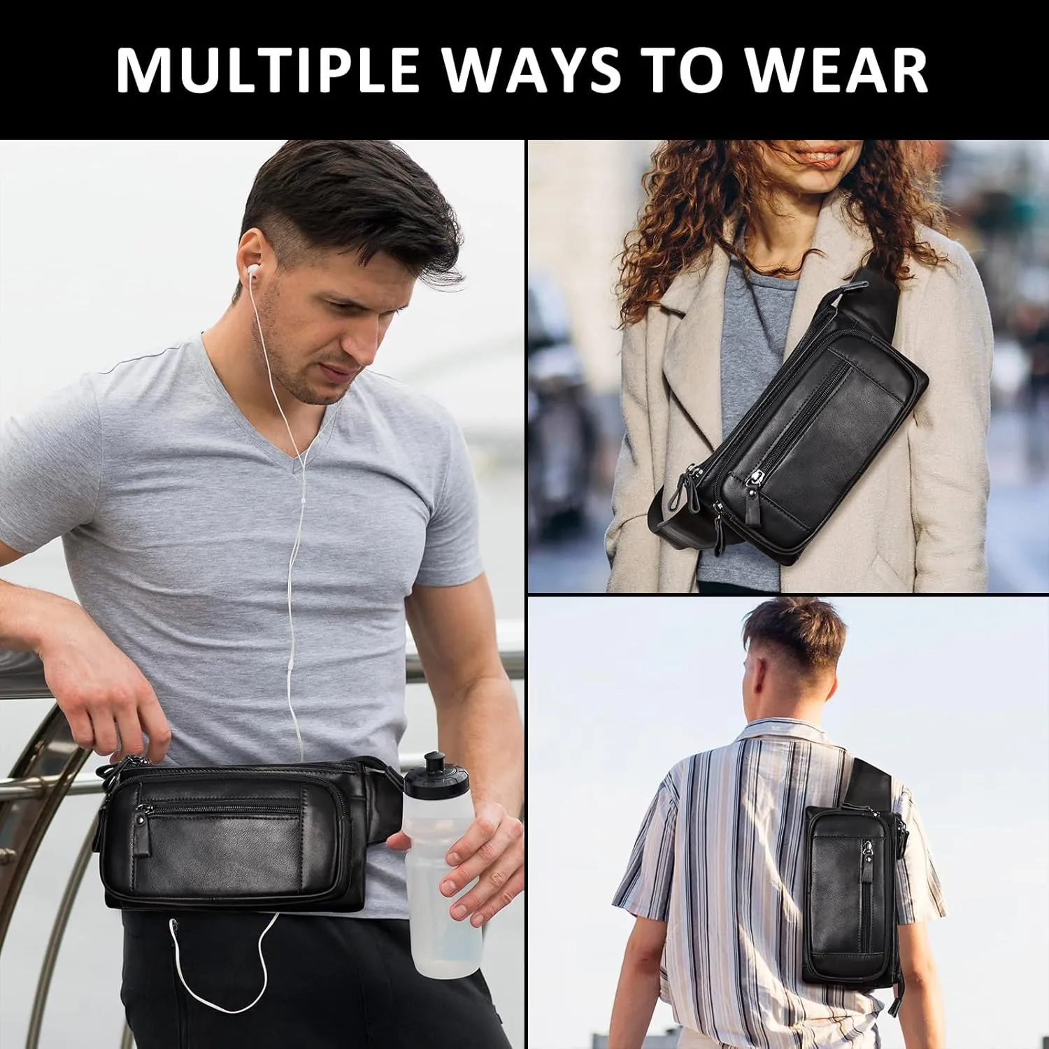 Leather Fanny Pack for Men Women, Belt Bag Fashion Waist Packs Small Crossbody Bag with Adjustable Strap for Travel Sport Walk (Black)