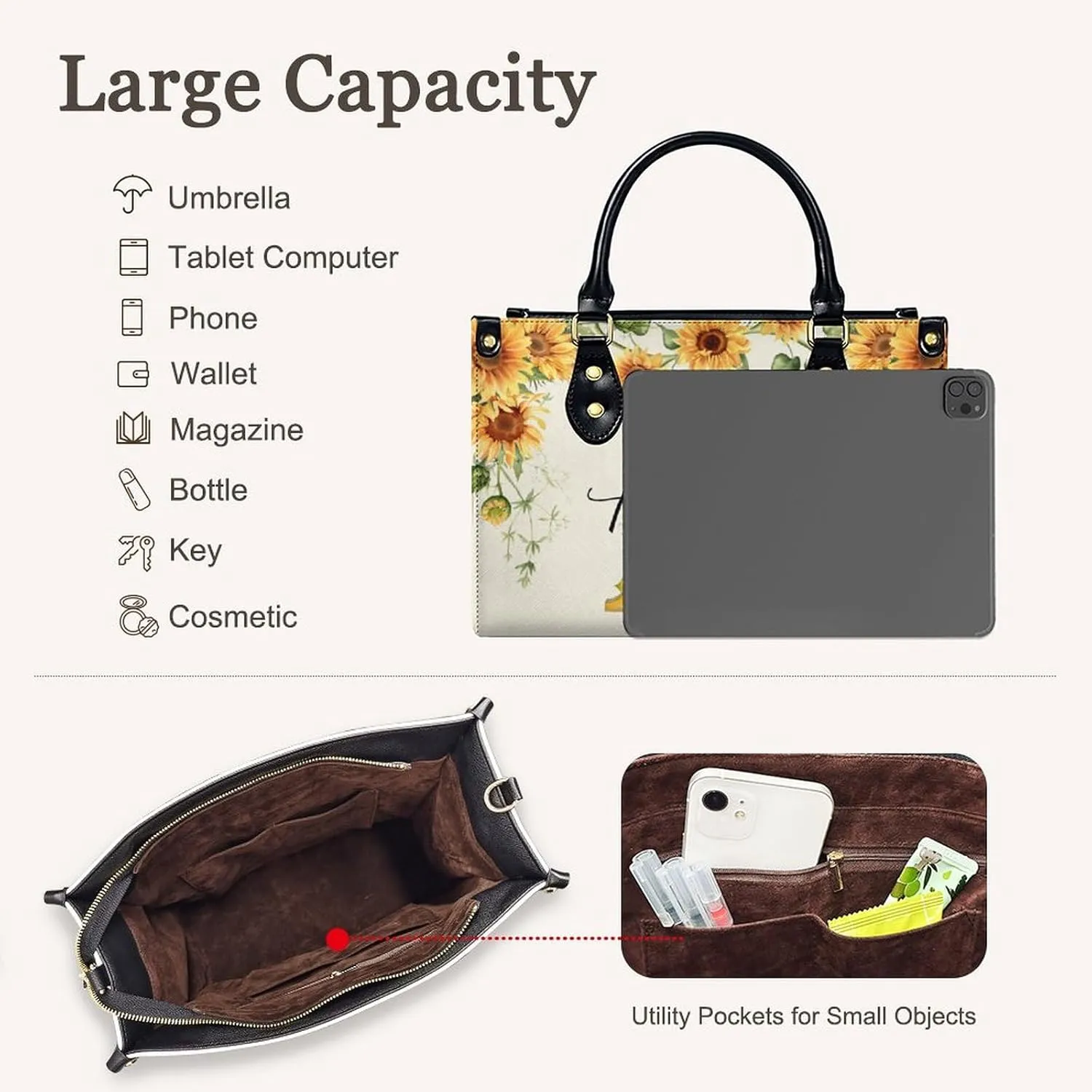 Leather Initial Handbag for Women Monogram Tote Bag, Fashion Sunflower Casual Crossbody Top-Handle Bag for Ladies Gifts