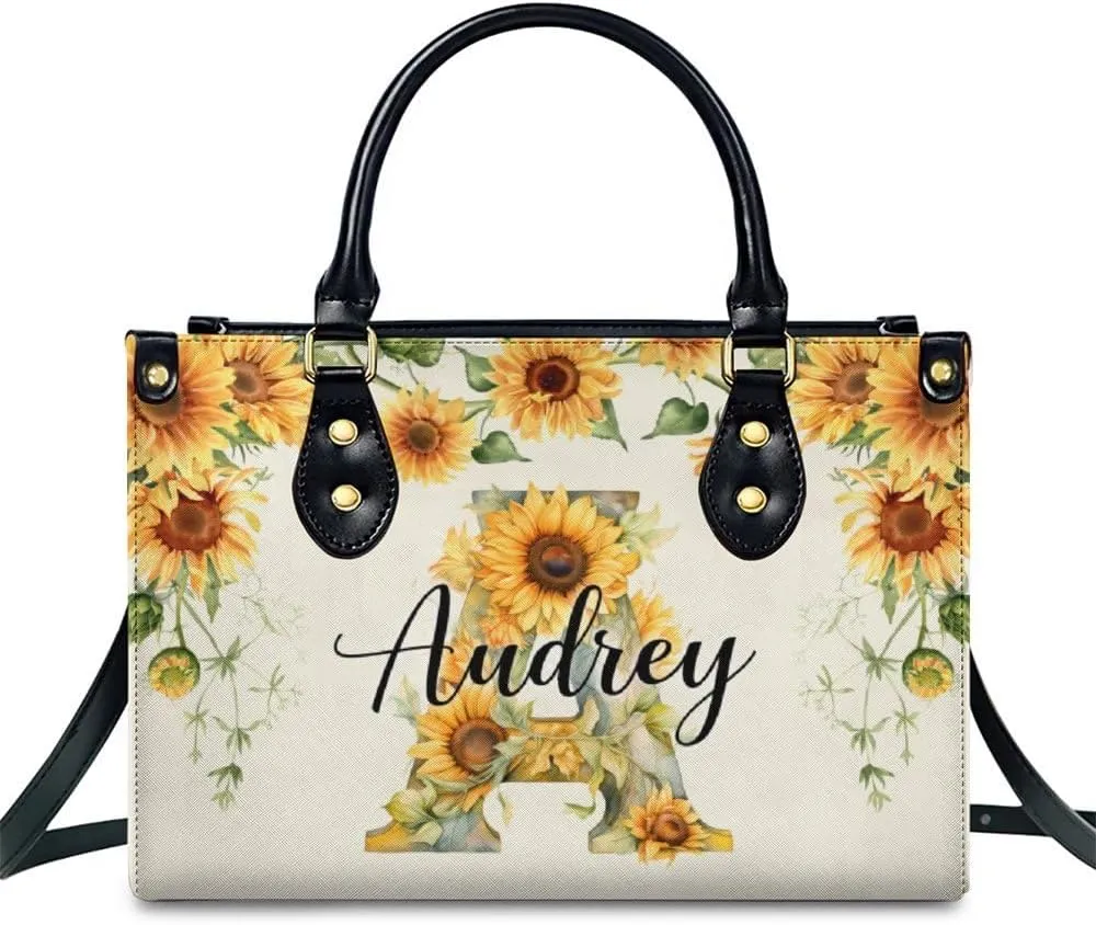 Leather Initial Handbag for Women Monogram Tote Bag, Fashion Sunflower Casual Crossbody Top-Handle Bag for Ladies Gifts