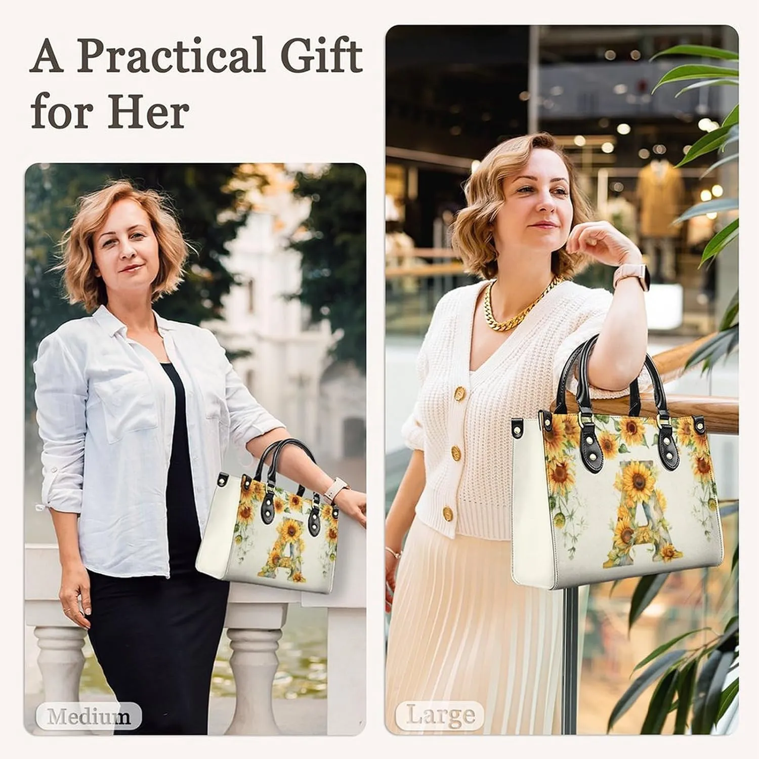 Leather Initial Handbag for Women Monogram Tote Bag, Fashion Sunflower Casual Crossbody Top-Handle Bag for Ladies Gifts