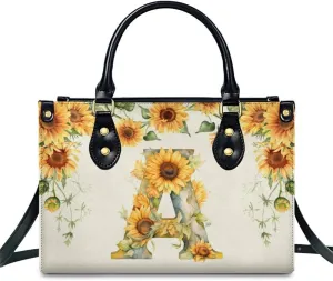 Leather Initial Handbag for Women Monogram Tote Bag, Fashion Sunflower Casual Crossbody Top-Handle Bag for Ladies Gifts