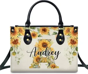 Leather Initial Handbag for Women Monogram Tote Bag, Fashion Sunflower Casual Crossbody Top-Handle Bag for Ladies Gifts