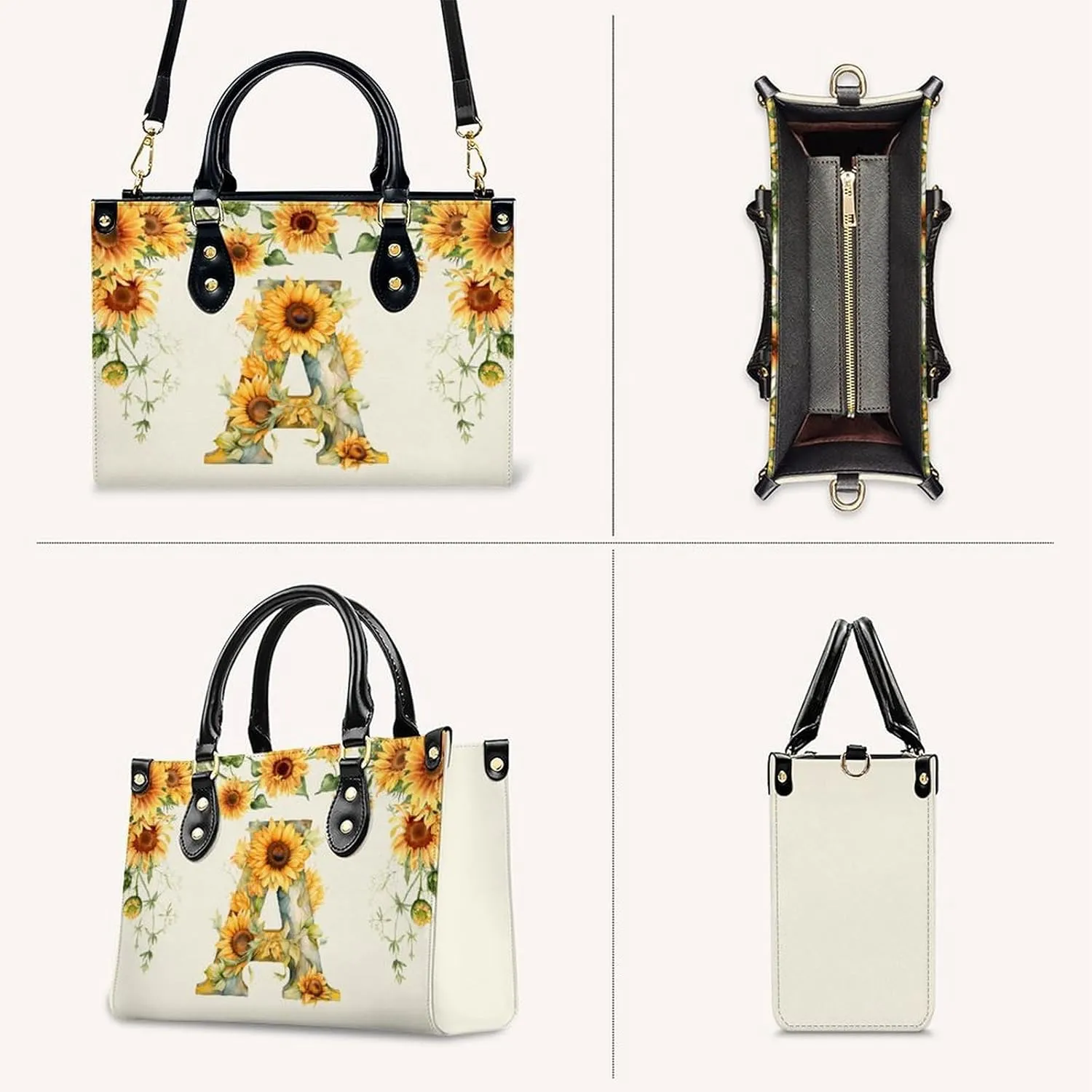 Leather Initial Handbag for Women Monogram Tote Bag, Fashion Sunflower Casual Crossbody Top-Handle Bag for Ladies Gifts