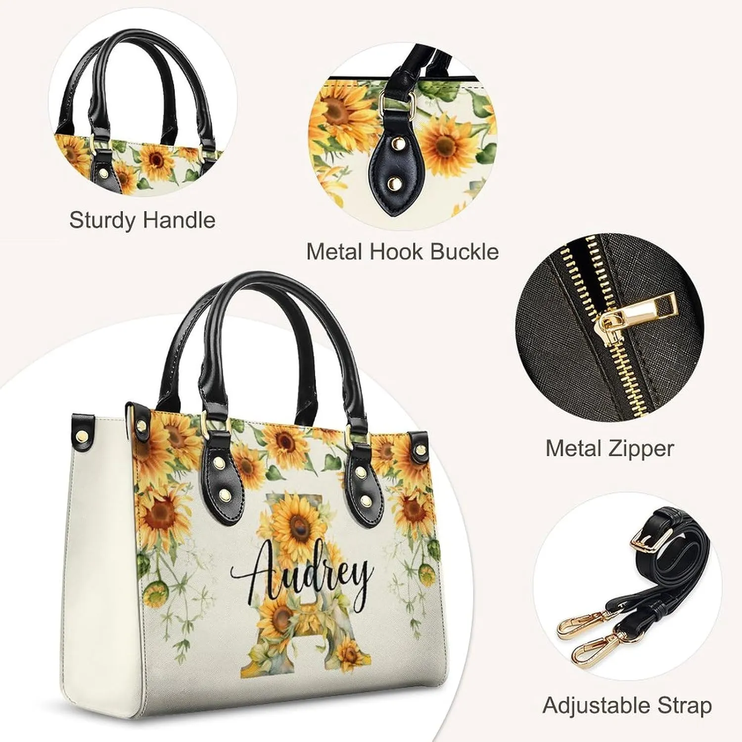 Leather Initial Handbag for Women Monogram Tote Bag, Fashion Sunflower Casual Crossbody Top-Handle Bag for Ladies Gifts