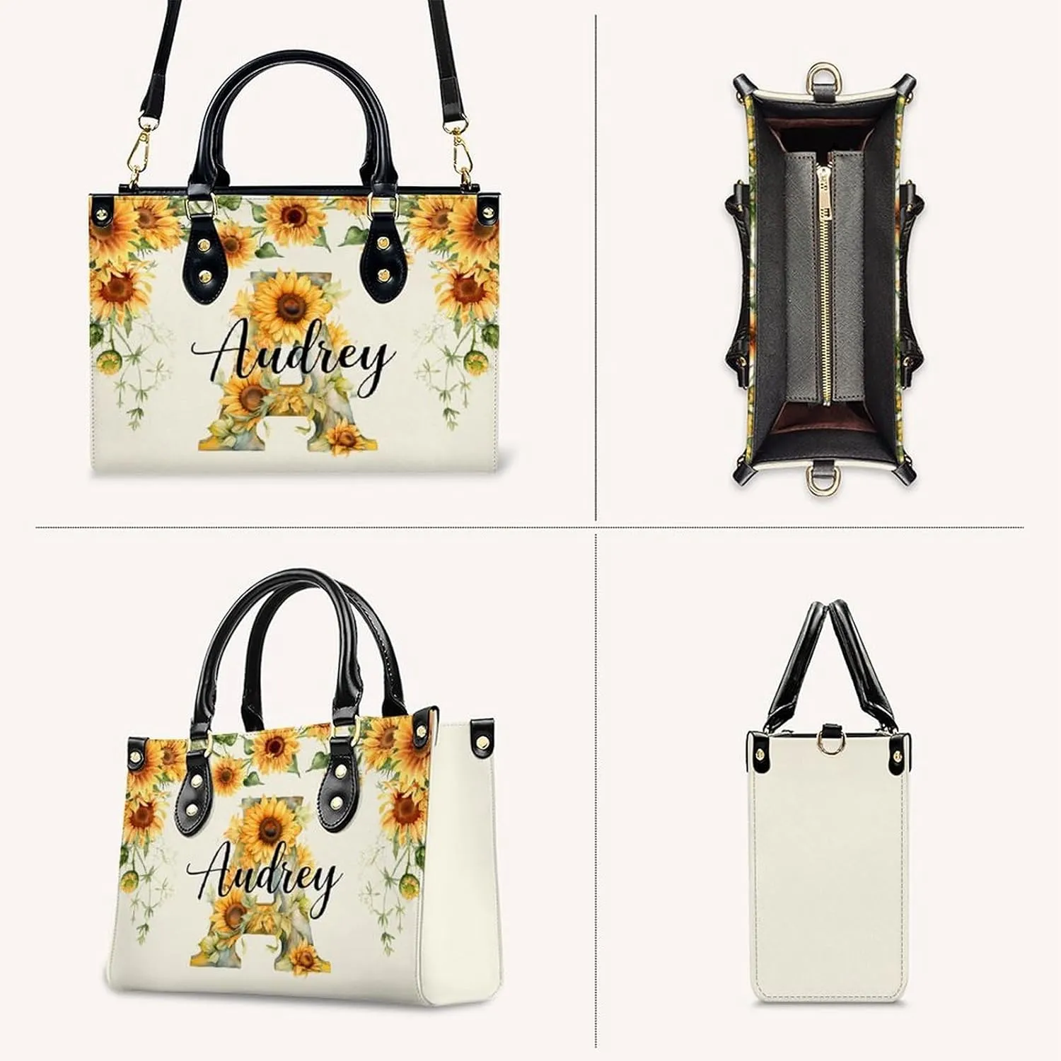 Leather Initial Handbag for Women Monogram Tote Bag, Fashion Sunflower Casual Crossbody Top-Handle Bag for Ladies Gifts