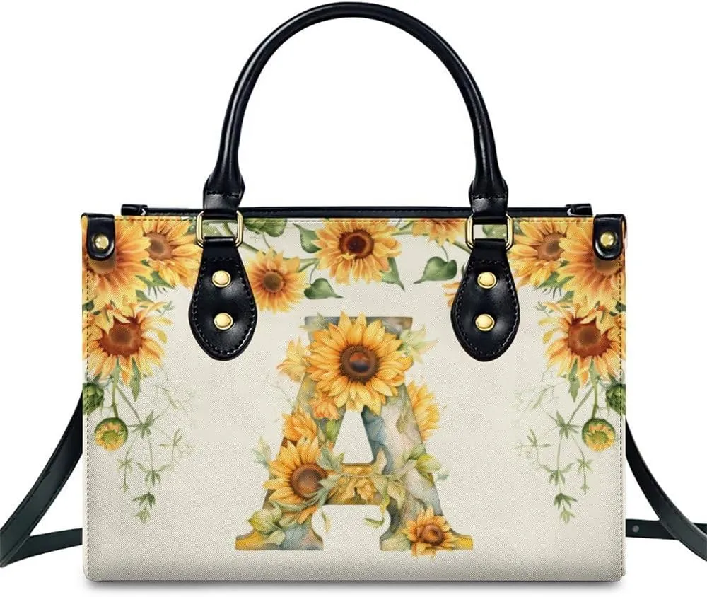 Leather Initial Handbag for Women Monogram Tote Bag, Fashion Sunflower Casual Crossbody Top-Handle Bag for Ladies Gifts