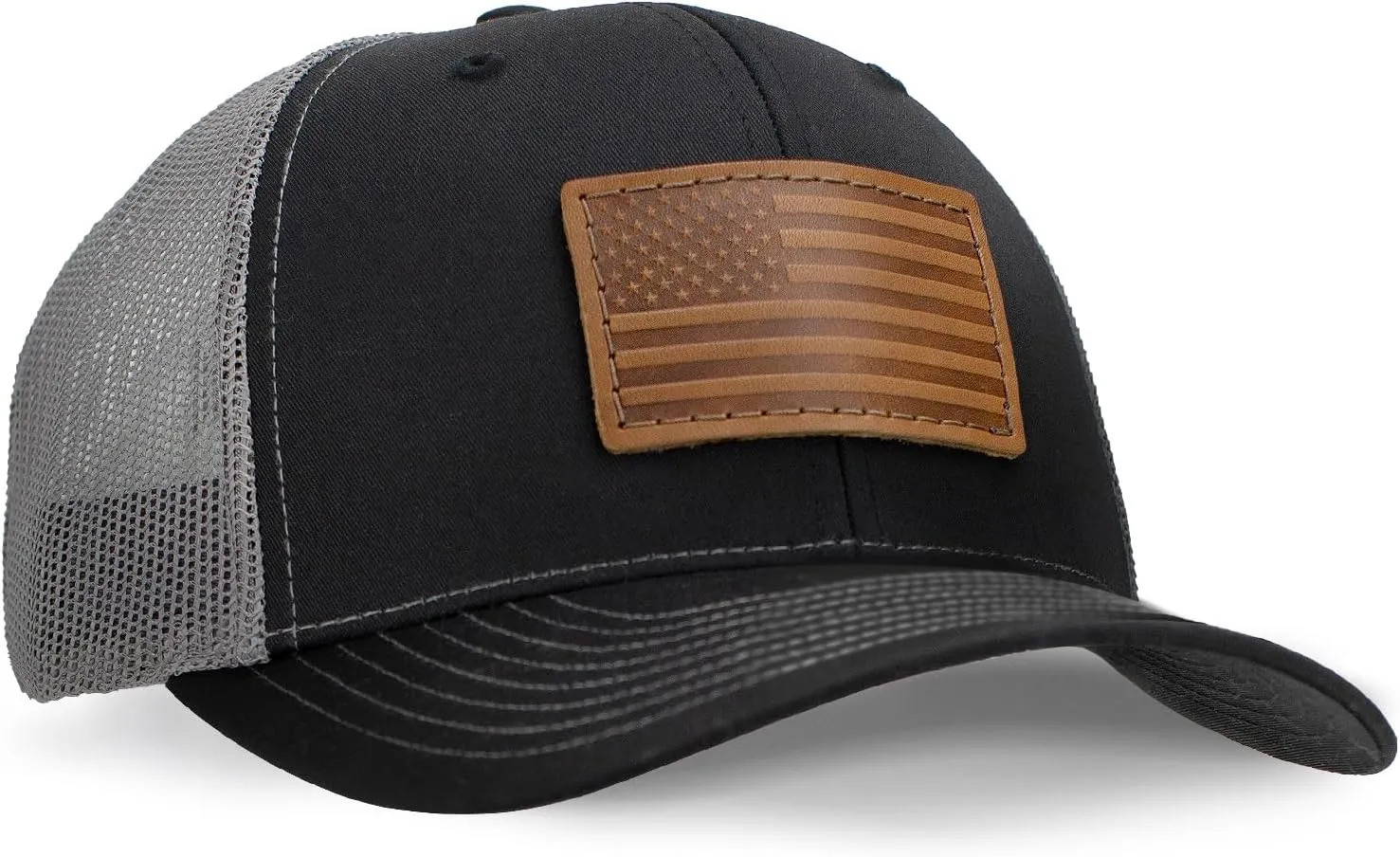 Leather Patch Hat for Men - Richardson 112 Trucker Hat w/Full-Grain Leather Patch, Laser-Engraved, Machine-Stitched
