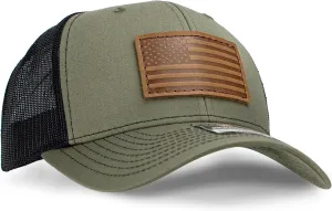 Leather Patch Hat for Men - Richardson 112 Trucker Hat w/Full-Grain Leather Patch, Laser-Engraved, Machine-Stitched