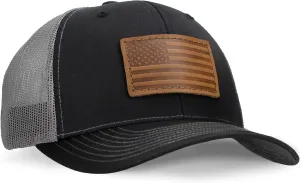 Leather Patch Hat for Men - Richardson 112 Trucker Hat w/Full-Grain Leather Patch, Laser-Engraved, Machine-Stitched