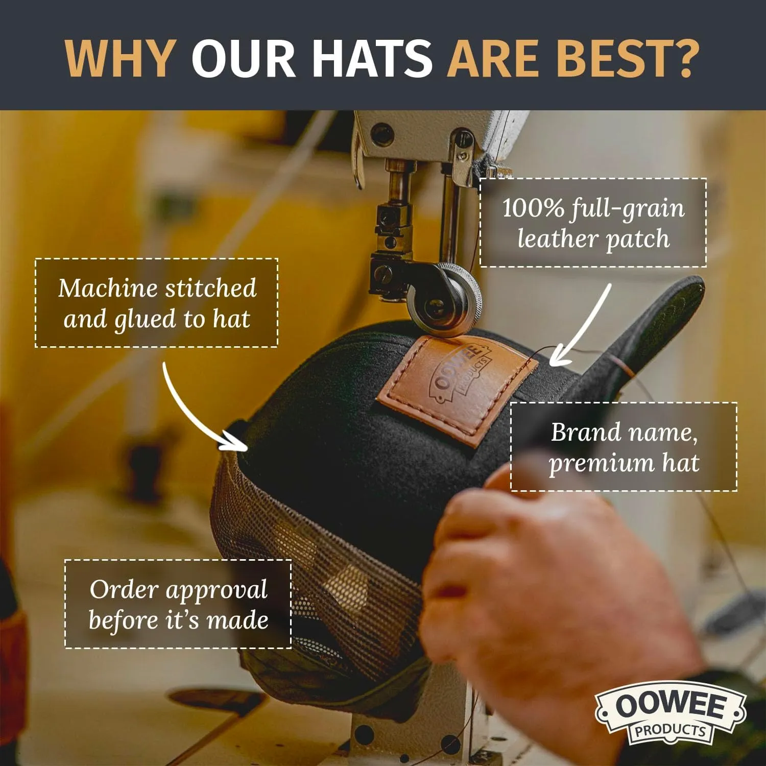 Leather Patch Hat for Men - Richardson 112 Trucker Hat w/Full-Grain Leather Patch, Laser-Engraved, Machine-Stitched
