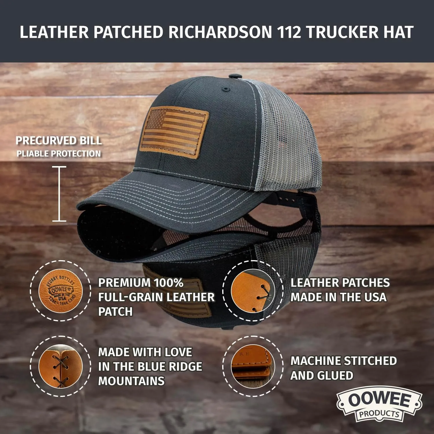 Leather Patch Hat for Men - Richardson 112 Trucker Hat w/Full-Grain Leather Patch, Laser-Engraved, Machine-Stitched