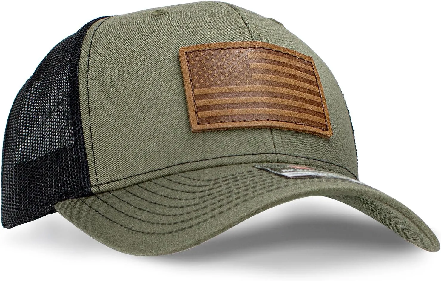 Leather Patch Hat for Men - Richardson 112 Trucker Hat w/Full-Grain Leather Patch, Laser-Engraved, Machine-Stitched