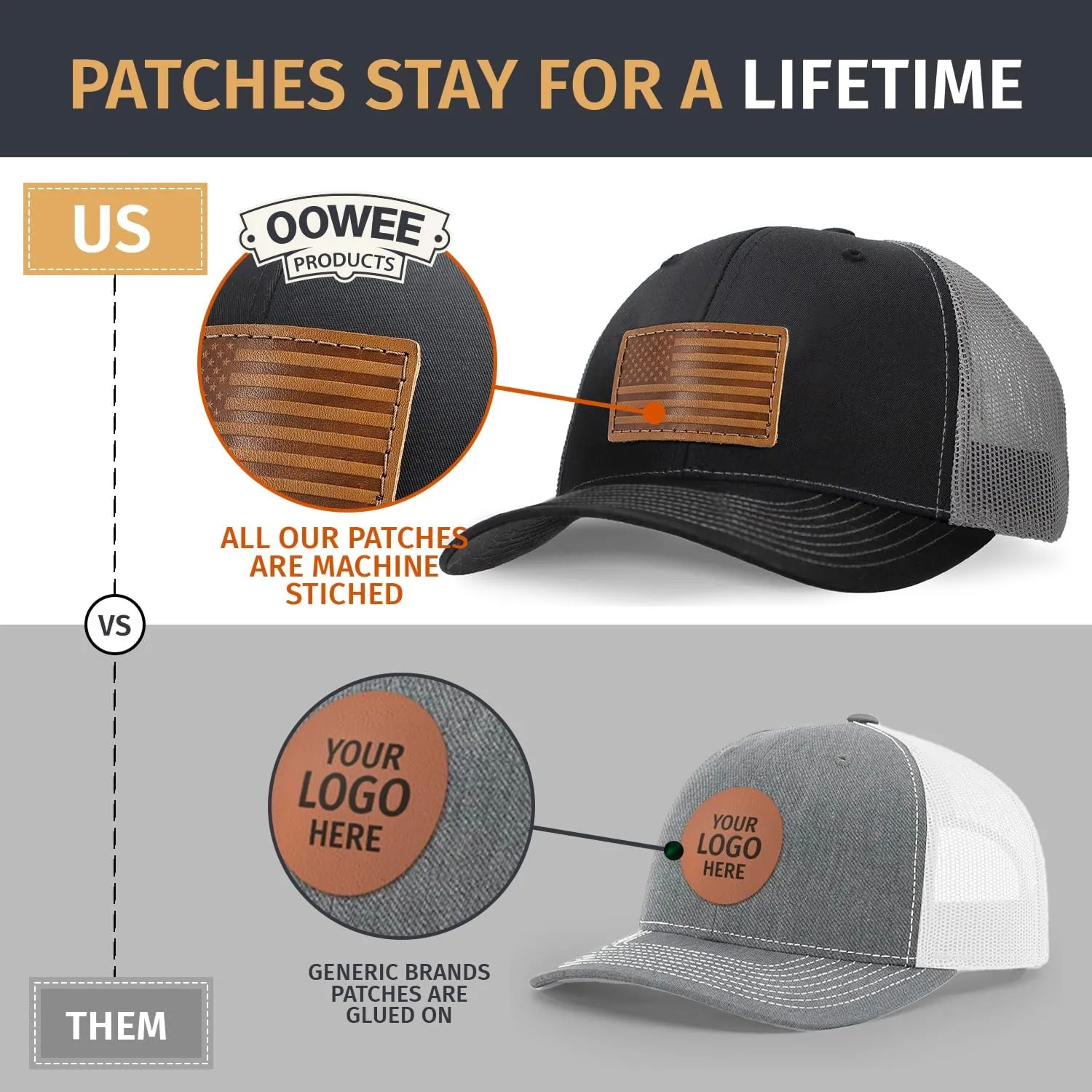 Leather Patch Hat for Men - Richardson 112 Trucker Hat w/Full-Grain Leather Patch, Laser-Engraved, Machine-Stitched