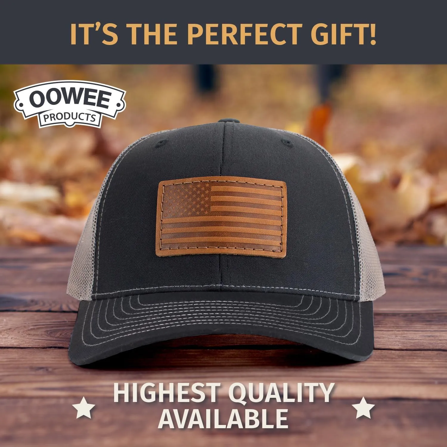 Leather Patch Hat for Men - Richardson 112 Trucker Hat w/Full-Grain Leather Patch, Laser-Engraved, Machine-Stitched