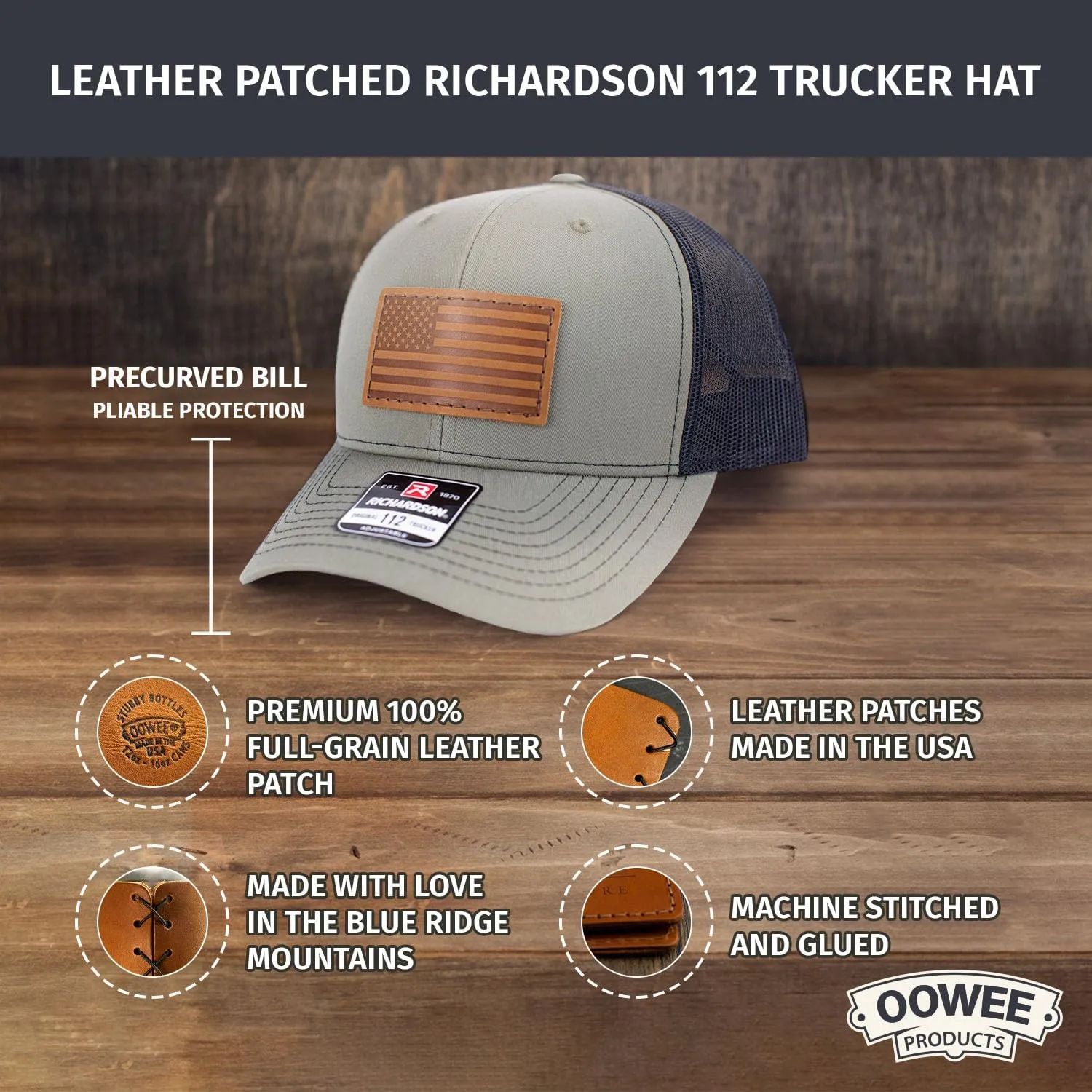 Leather Patch Hat for Men - Richardson 112 Trucker Hat w/Full-Grain Leather Patch, Laser-Engraved, Machine-Stitched