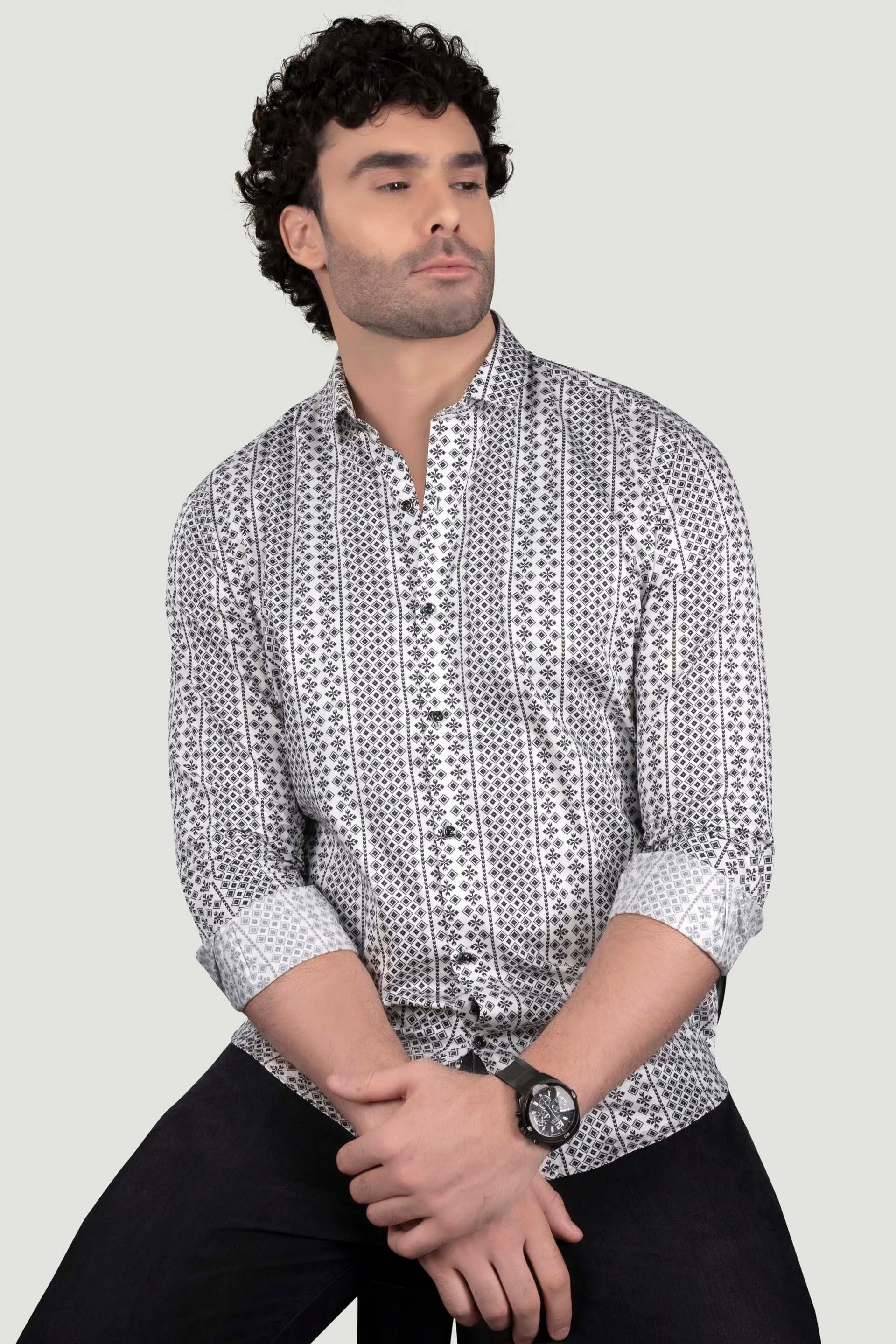 Leo White Floral Giza Cotton Club Wear Shirt