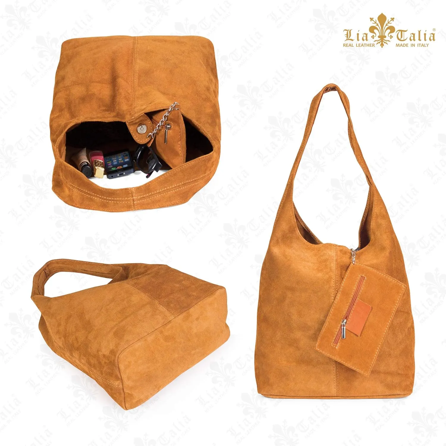 LiaTalia Womens Large Italian Suede Leather Single Shoulder Strap Hobo Slouch Bag with Storage Bag