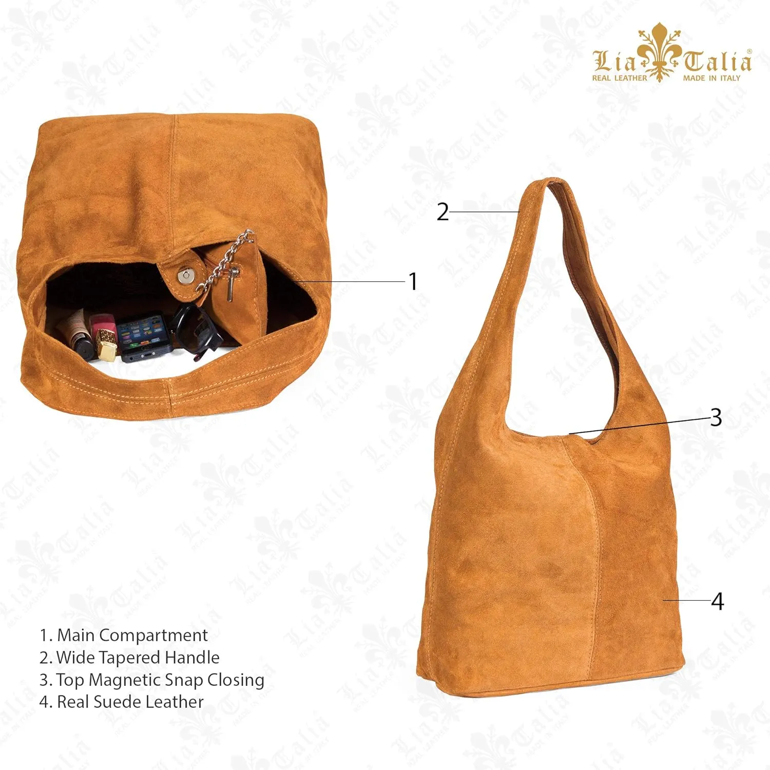 LiaTalia Womens Large Italian Suede Leather Single Shoulder Strap Hobo Slouch Bag with Storage Bag