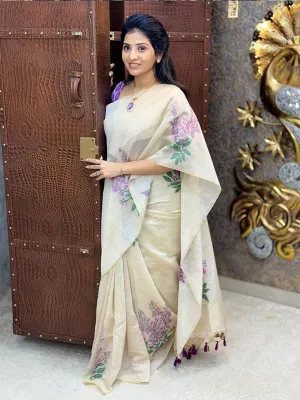 Linen Digital Printed Sari with Latkan (Fumka) SA125-136