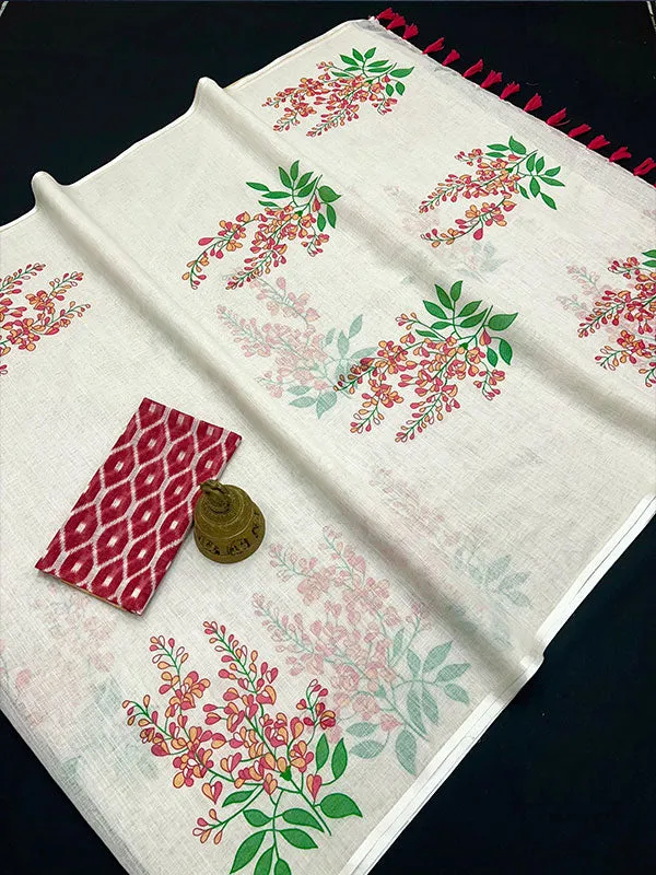 Linen Digital Printed Sari with Latkan (Fumka) SA125-136
