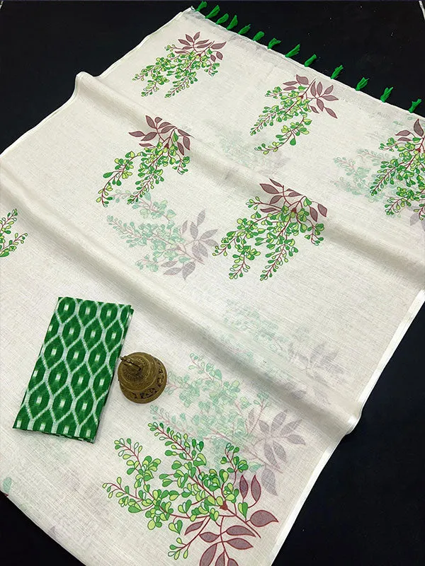 Linen Digital Printed Sari with Latkan (Fumka) SA125-136