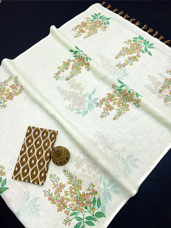Linen Digital Printed Sari with Latkan (Fumka) SA125-136