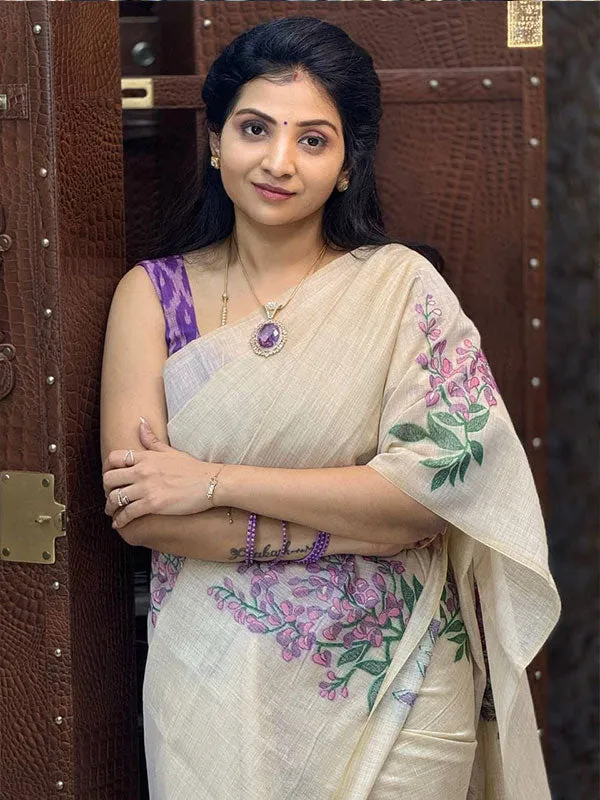 Linen Digital Printed Sari with Latkan (Fumka) SA125-136