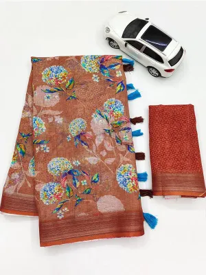 Linen Printed Sari with Silver Zari Patta & Latkan (Fumka) SA125-141