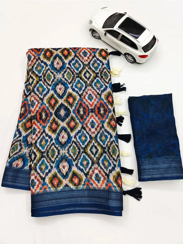 Linen Printed Sari with Silver Zari Patta & Latkan (Fumka) SA125-153
