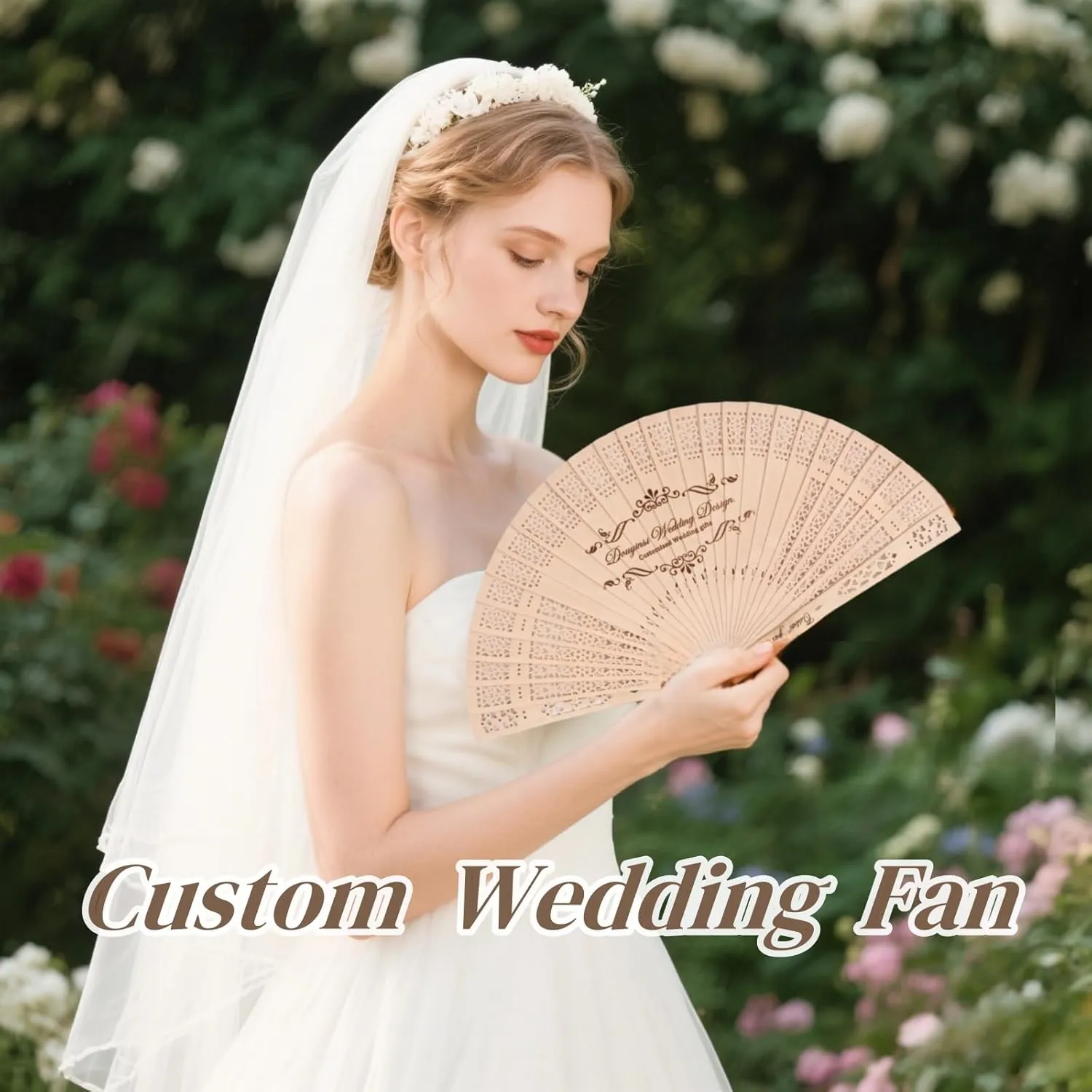 LIUBAI Personalized Wedding Hand Sandalwood Folding Fans Custom Wooden Hand Fans with Engraved Text Wedding Fans with Organza Bags Wedding Party Favor for Guests (100 pcs)