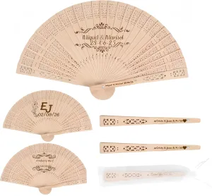 LIUBAI Personalized Wedding Hand Sandalwood Folding Fans Custom Wooden Hand Fans with Engraved Text Wedding Fans with Organza Bags Wedding Party Favor for Guests (100 pcs)
