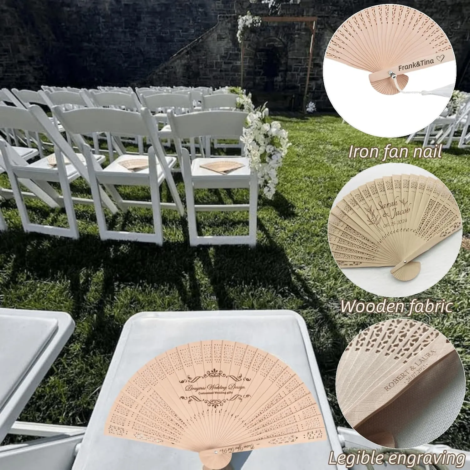 LIUBAI Personalized Wedding Hand Sandalwood Folding Fans Custom Wooden Hand Fans with Engraved Text Wedding Fans with Organza Bags Wedding Party Favor for Guests (100 pcs)