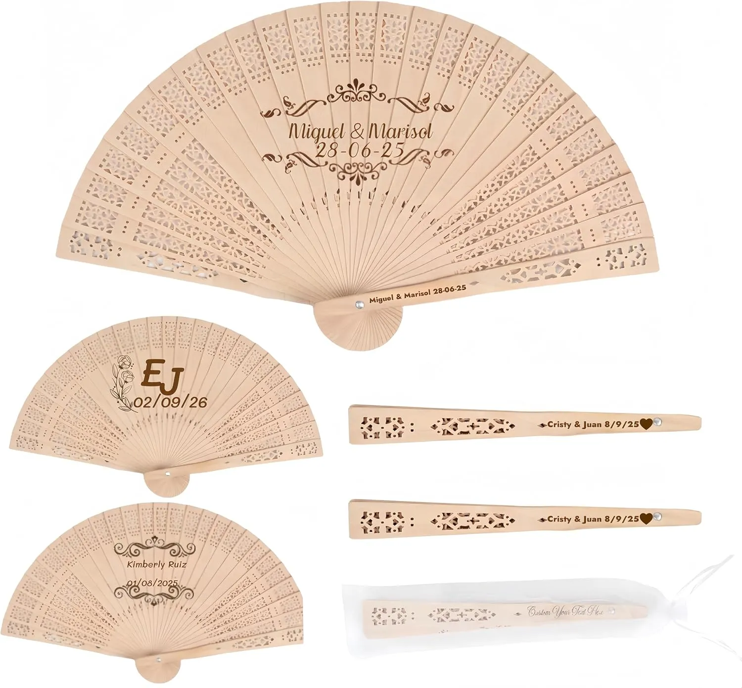 LIUBAI Personalized Wedding Hand Sandalwood Folding Fans Custom Wooden Hand Fans with Engraved Text Wedding Fans with Organza Bags Wedding Party Favor for Guests (100 pcs)