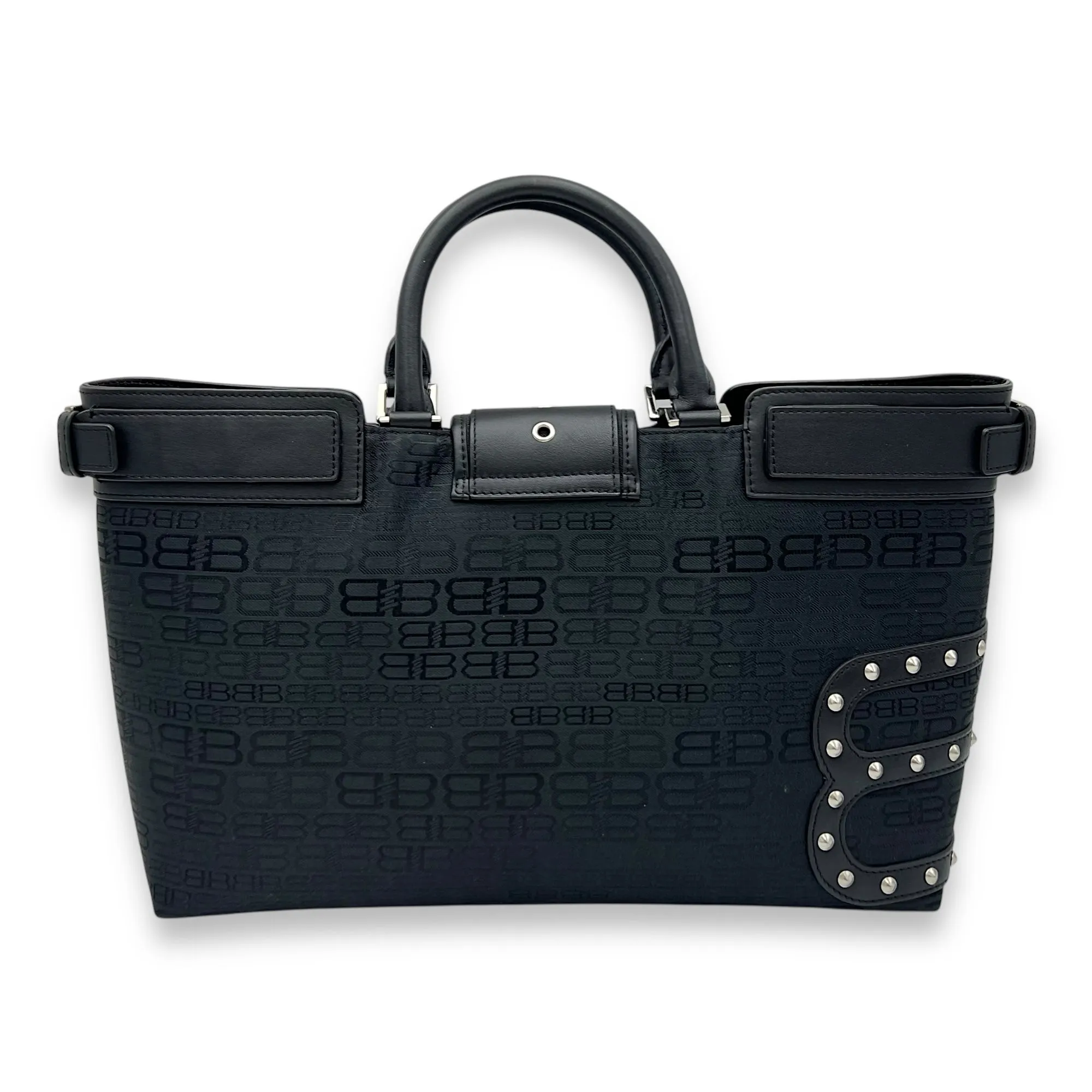 Logo Monogram Black Top Handle Bag in Canvas, Silver hardware